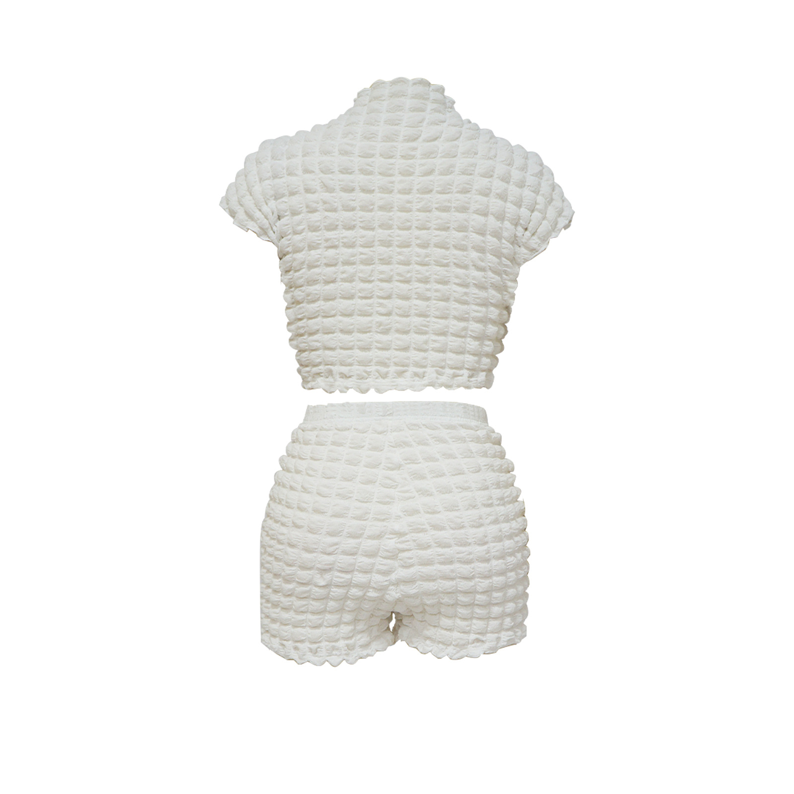Women's Sleeveless Cropped Two Piece Set Bubble Popcorn Shorts_ecoleips.com