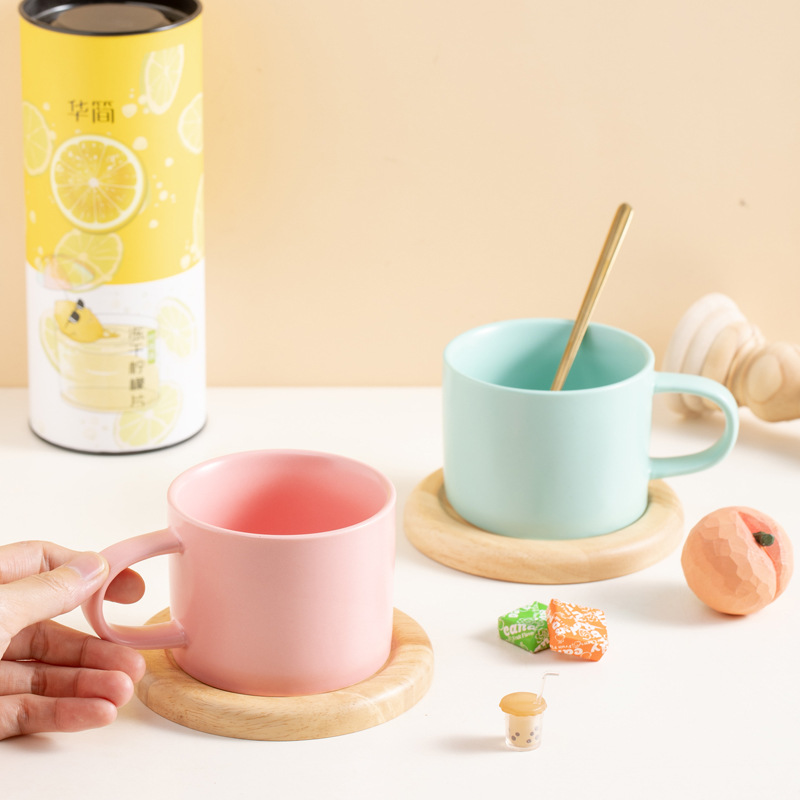Taza de color caramelo taza de cerámica macarón taza de agua taza de café con taza de roble taza de cocina LOGO personalizado