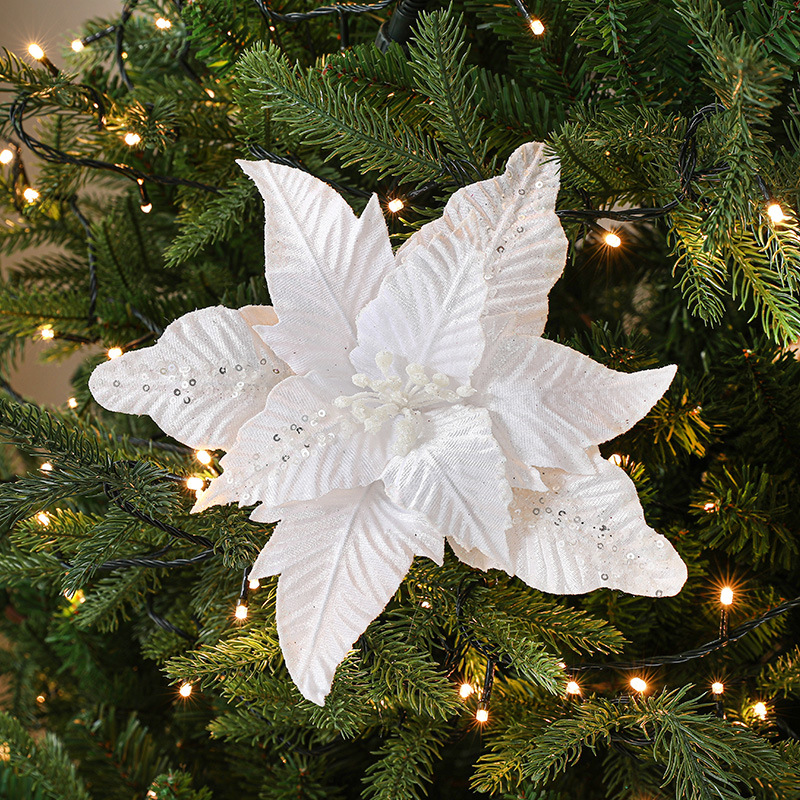 Navidad nueva flor de Navidad rojo flocado tela simulación brillo árbol de Navidad decoraciones Comercio exterior misma flor de Navidad