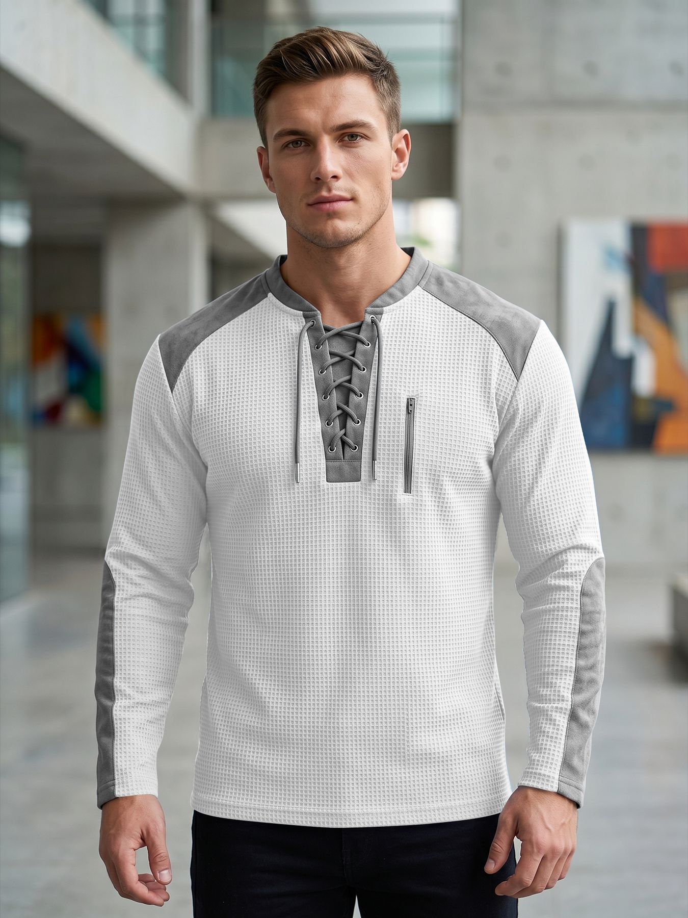 Europa y Estados Unidos transfronterizos hombres primavera y otoño correa chaqueta de color waffle manga larga ocio comercio exterior deporte chaqueta transpirable