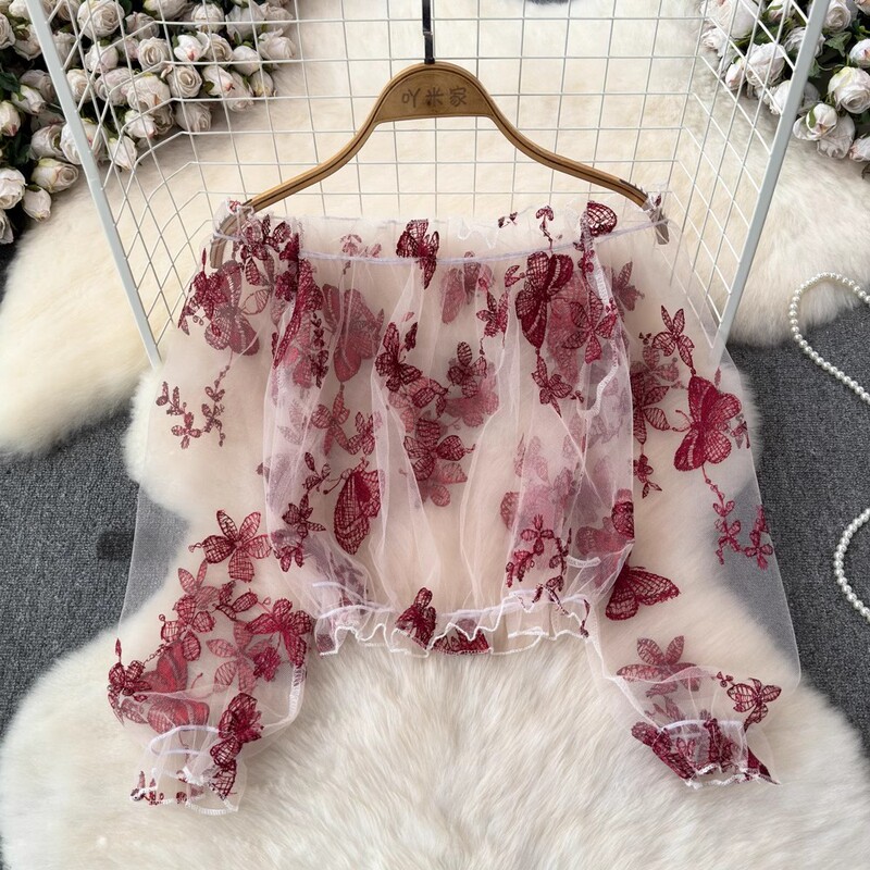 One-Shoulder Mesh Embroidered See-Through Shirt for Women in Summer, Loose Outer Puff-Sleeved Short Blouse, Long-Sleeved Lace Shirt