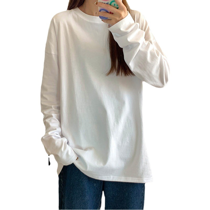 2023 de manga larga Camiseta de las mujeres sueltas camisa de fondo blanco transfronterizo otoño interior superior blanco puro T entrega