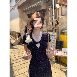 法式蓝色v领蕾丝碎花连衣裙子女春夏季气质收腰包臀长裙图片色