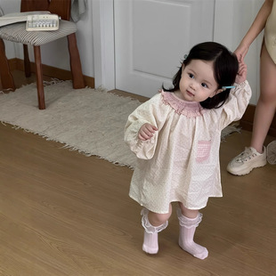 Children's 2025 New Autum Style Girls Polka Dot Lace Collar Dress Korean Style Kidsren's Clothing Baby Autum Princess Dress Trendy