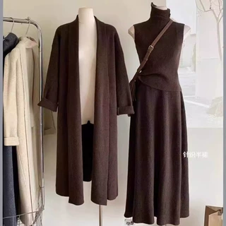 休闲大衣套装女秋冬季无袖高领打底背心毛衣半身长裙内搭三件套