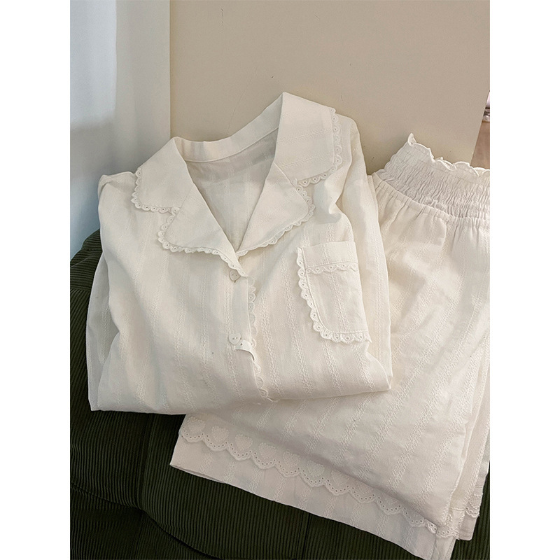 Korean Style Simple Casual Sweet Lace Pajamas for Women 2025 Spring and Autum Large Size Long-Sleeved Pants Home Wear Set