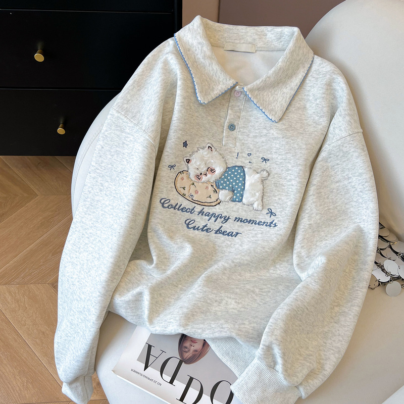 Polo Collar Plush Embroidered Sweatshirt for Women, Autumn and Winter, Fleece-Lined, Thickened, Casual, Loose, College Style, Long-Sleeved Top, Urban Style