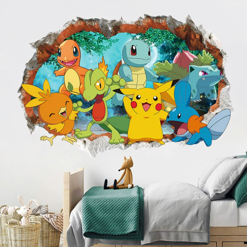 Наклейки на стену для внешней торговли, трансграничные наклейки для детской комнаты, украшение в стиле граффити, наклейки с героями мультфильмов Пикачу, самоклеящиеся дверные наклейки из ПВХ для шкафа
