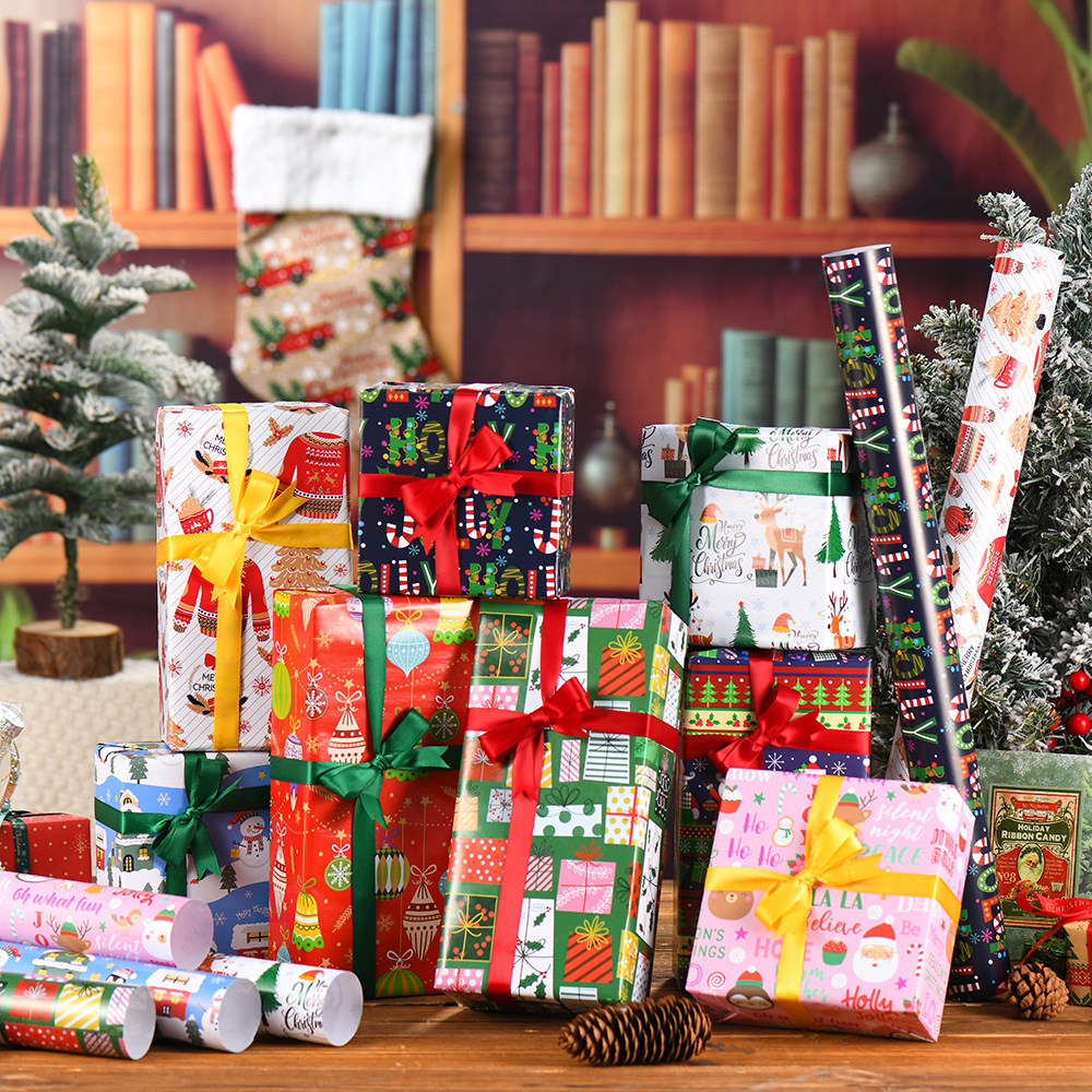 Papel de regalo de Navidad Impresión de dibujos animados Papel estucado 80g Caja de regalo de Navidad para niños Papel de regalo de bricolaje
