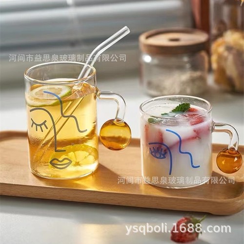 ins spherical handle face glass cup hot water resistant cup coffee cup breakfast milk tea cup cold drink juice cup