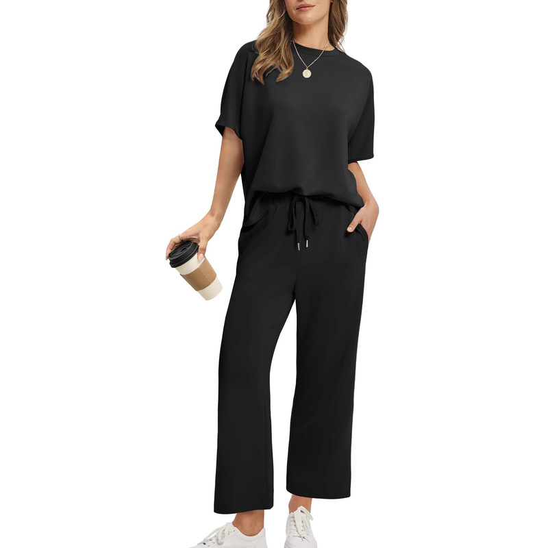 Cross-Border Women's Two-Piece Summer Clothing Oversized Wide-Leg Nine-Point Pants Casual Suit Round Neck Beach Vacation Women's Clothing
