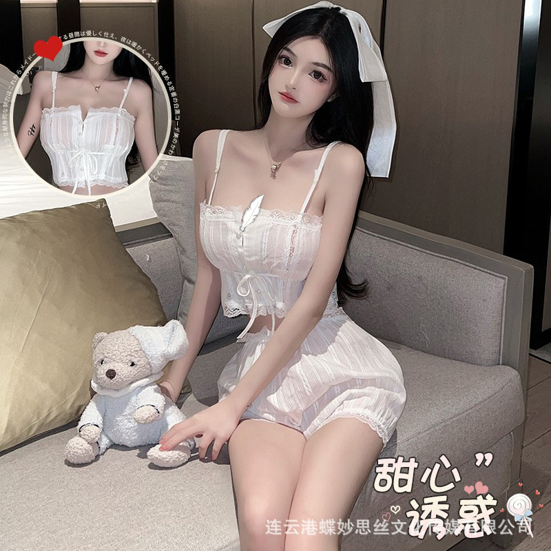 Diyi Miao Si Sexy Lingerie Beautiful Pure White Lace Trim Pajamas and Sleep Pants Court Style Women's Maid Outfit A494