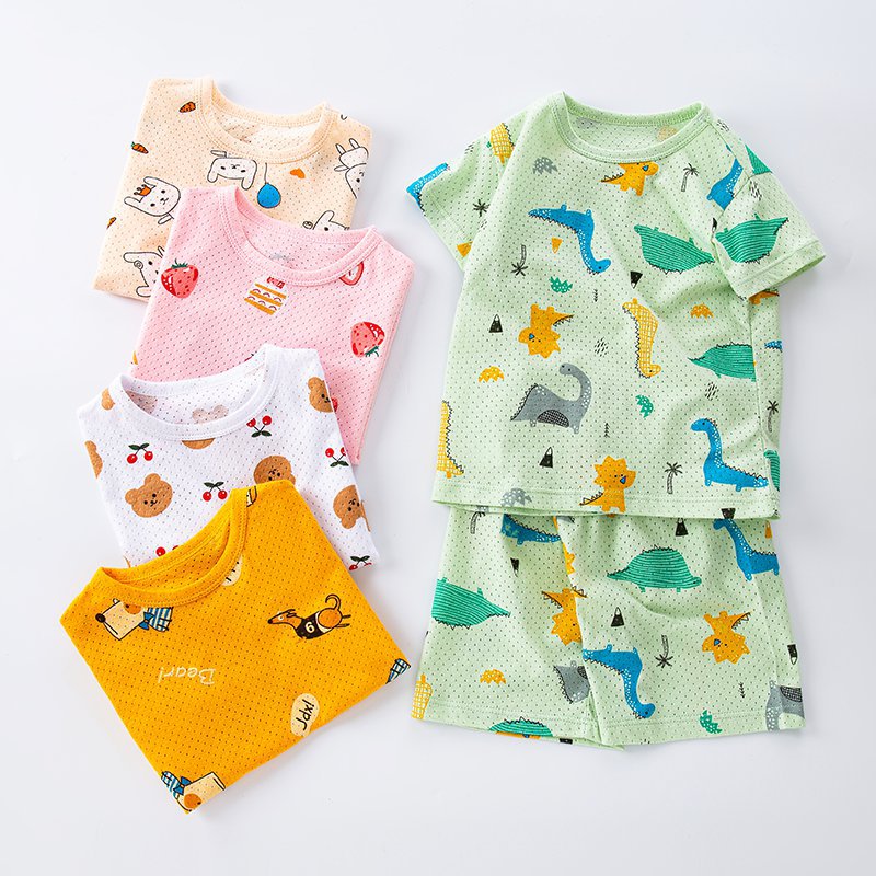 Children's short-sleeved suit pure cotton air-conditioning clothes home clothes pajamas boys and girls exhale stretch cotton half-sleeved suit summer