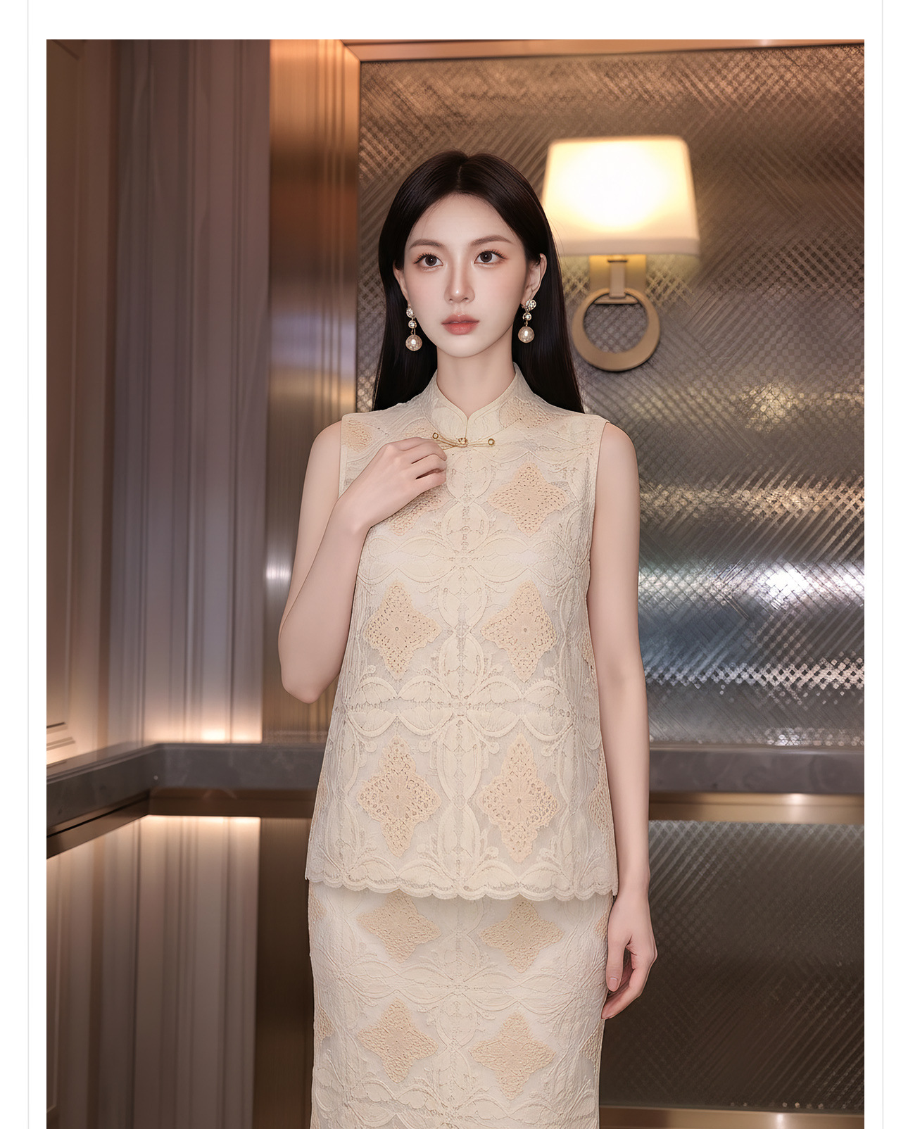 Set áo gilet và chân váy maxi ren thêu hoa phong cách tân cổ điển — Váy trắng nửa gạo, Gạo trắng Set, Áo gilet trắng kem chi tiết 2