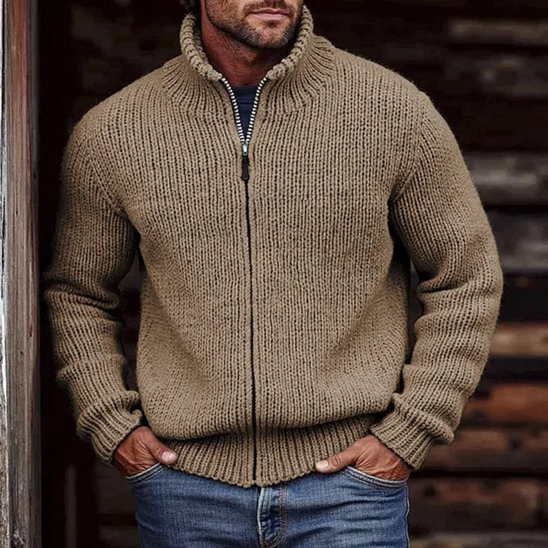 2026 Cross-Border European and American Autumn and Winter New Knitted Cardigan Half-High Collar Long-Sleeve Zipper Sweater Coat Slim-Fit Sweater for Men