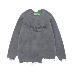Lazy ripped sweater men's loose vintage street fashion autumn and winter embroidered letter round neck sweater