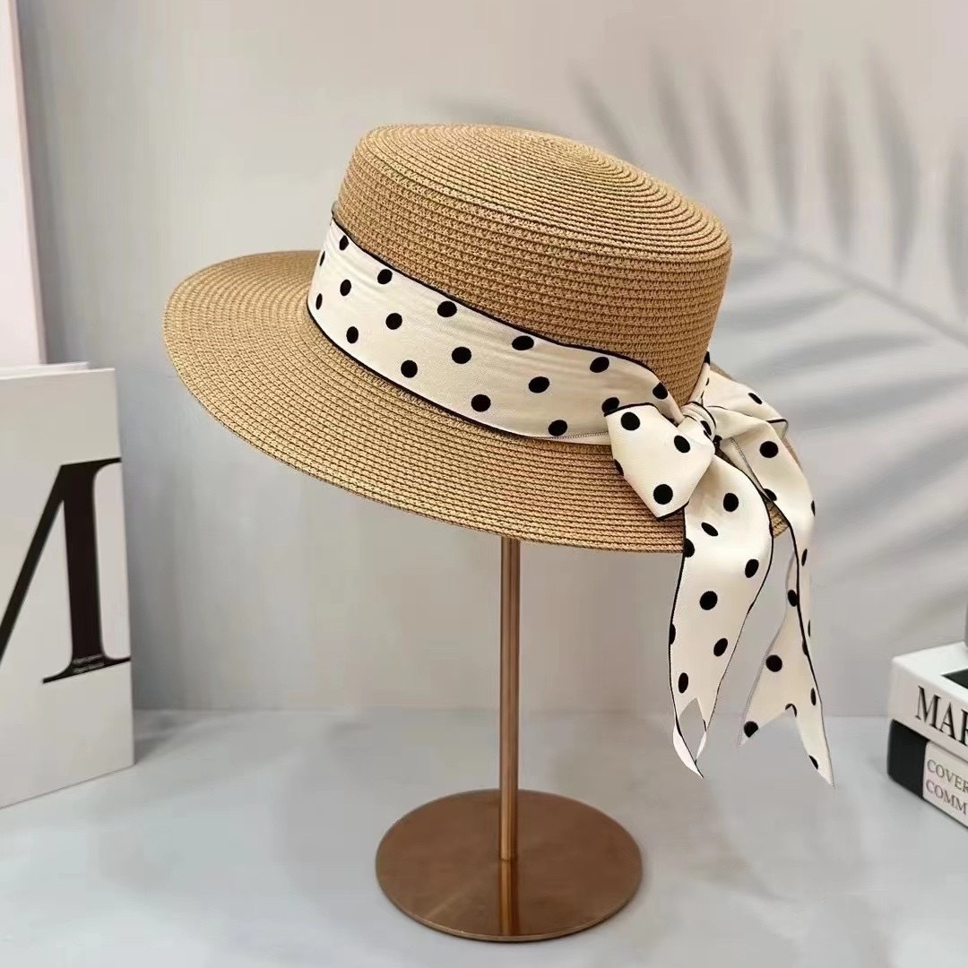New Fashion For Women Summer Ribbon Bow Sunshade French Flat Top Casual Straw Sun Hat_voghion.com