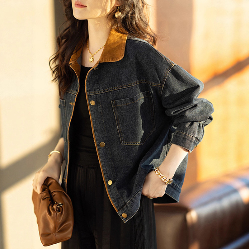 Denim Short Jacket Autumn Women's 2025 New Trendy Popular Petite Patchwork Work Jacket Top