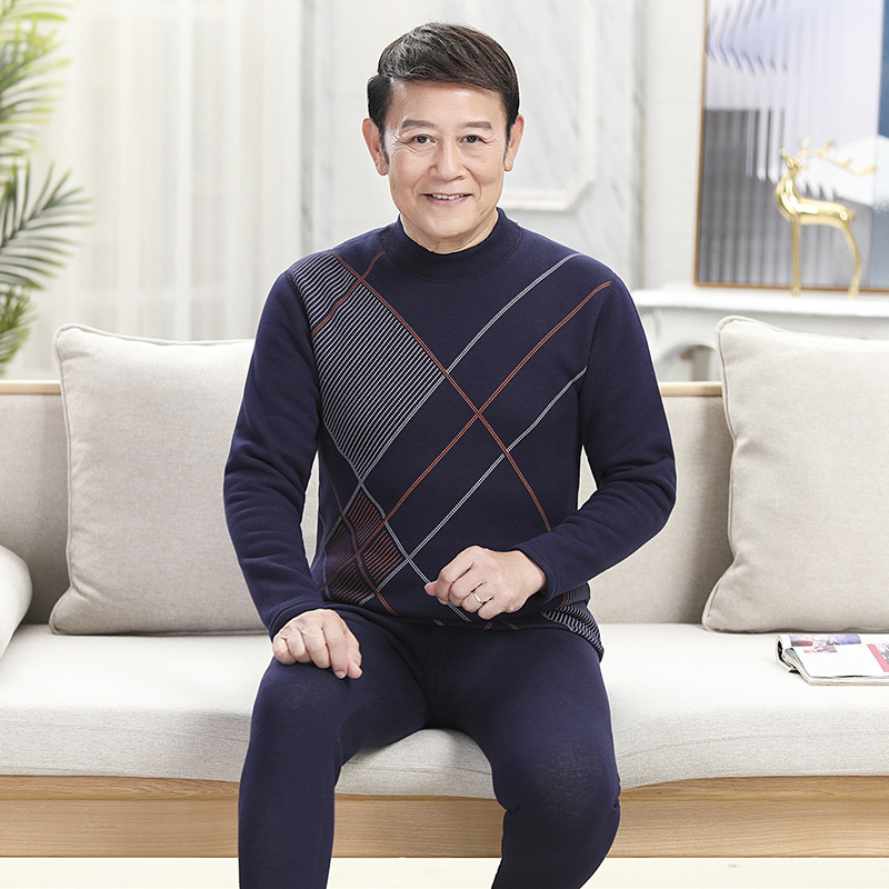 Men's Wool Plush Suit Autumn Clothes and Pants Men's Dad Thickened Thermal Underwear Middle-aged and Elderly Men's Cotton Sweater Fire