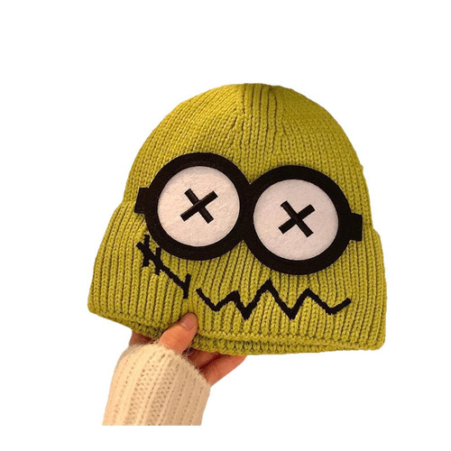 Funny cute knitted wool hat for women in autumn and winter new cartoon warm and cold wool hat shows a small face