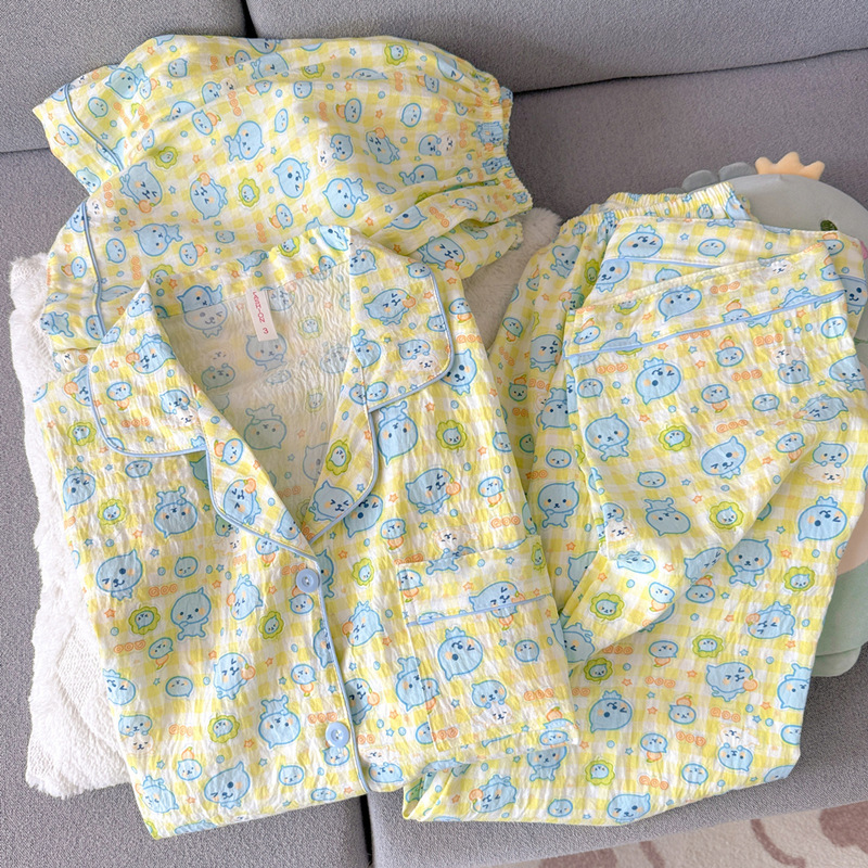 Japanese-Style Queer Cartoon Cloud Pure Cotton Gauze Pajamas for Women, Summer Short-Sleeve Cute Girl Three-Piece Loungewear Set Japanese-Style Queer Cartoon Cloud Pure Cotton Gauze Pajamas for Women, Summer Short-Sleeve Cute Girl Three-Piece Loungewear Set