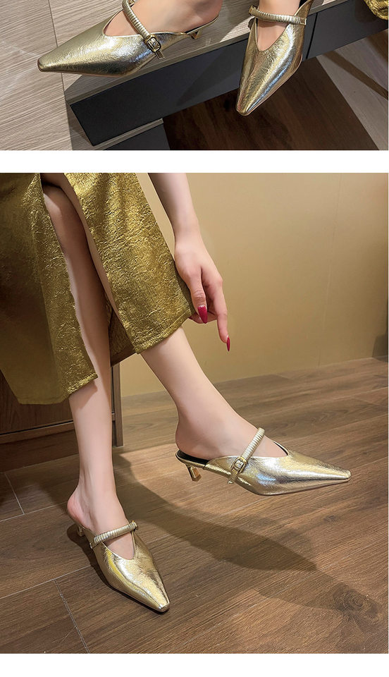 Sandal nữ bít mũi mũi nhọn gót nhỏ kiểu mule quai hậu thanh lịch — Màu bạc, Màu trắng be, Màu vàng chi tiết 13