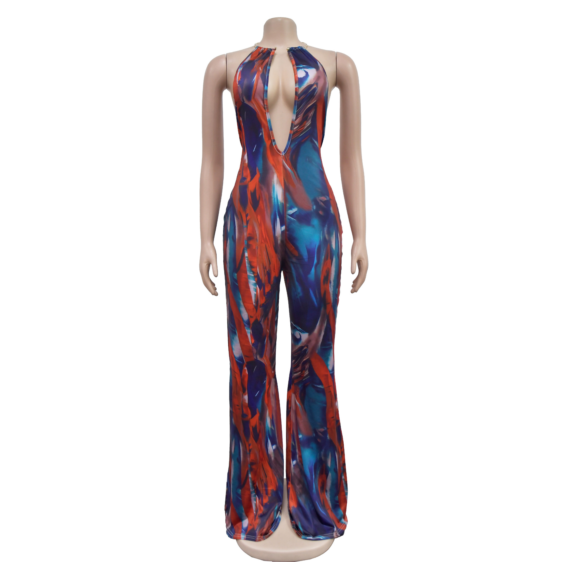 Women Wear Print Sleeveless Deep V Plunge Color Block Backless Long Conjoined Trousers