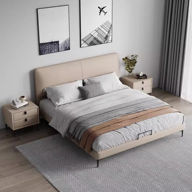 Cama de cuero de piel de vaca de primera capa de estilo italiano, apartamento pequeño moderno y simple, dormitorio de 1,8 metros, cama doble de lujo ligero, red roja image 4