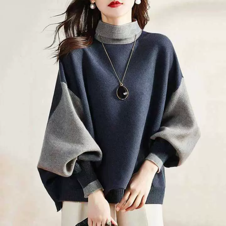 2025年秋季新款高领撞色长袖针织衫个性拼色保暖毛衣女厂家直销