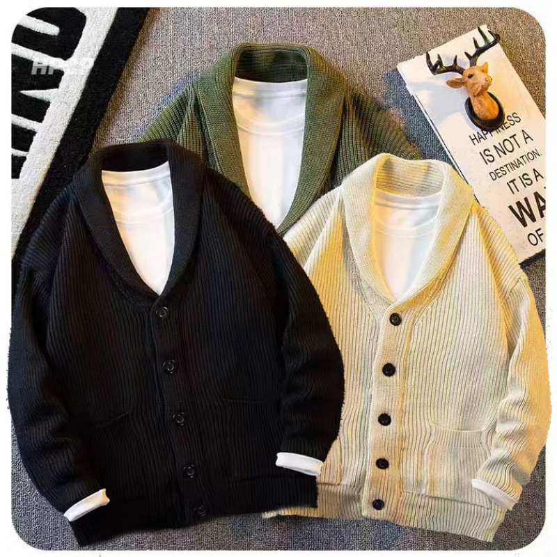 Men’s Retro Knitted Cardigan Jacket, Green Fruit Collar Knitwear_voghion.com