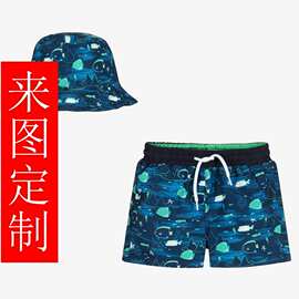 儿童男童女童四面弹防水面料尼龙氨纶涤纶防晒泳裤沙滩两面穿戴帽