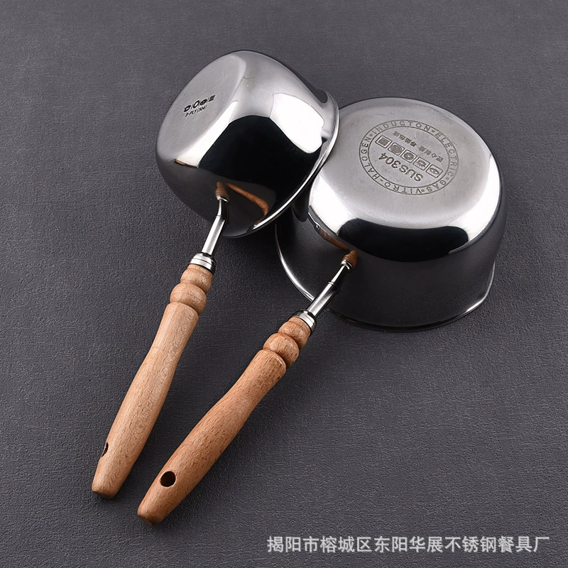 Пожел Thickened 304 stainless steel graduated measuring cup flat bottom small milk pot cross-border Amazon export wooden handle food supplement sauce cup