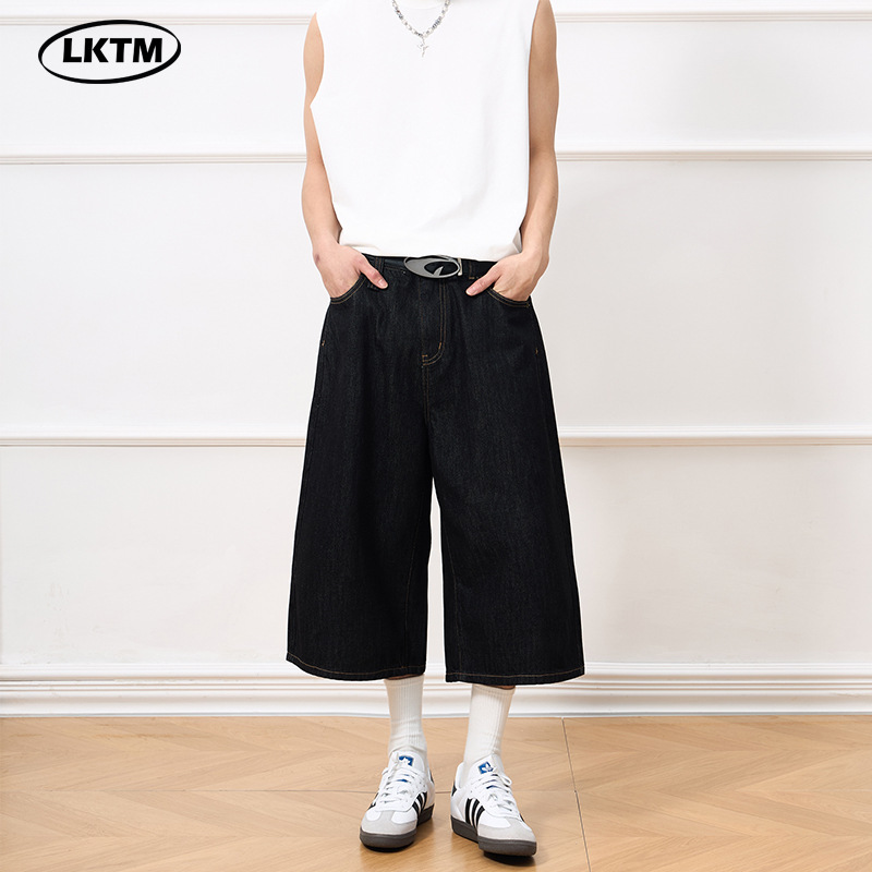 LKTM Men's# Summer American Washed Original Bull Denim Cropped Pants Men's and Women's Couples All-match Wide-leg Straight Pants
