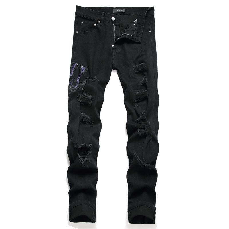 New foreign trade style fashionable black ripped embroidered Cobra stretch skinny men's jeans 3523