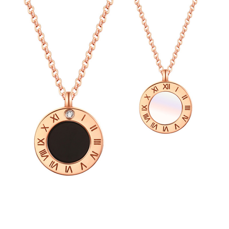 Simplicity Titanium electroplate Rose Gold Diamond Rome number disk Pendant Two-sided Wear lady Necklace Jewelry