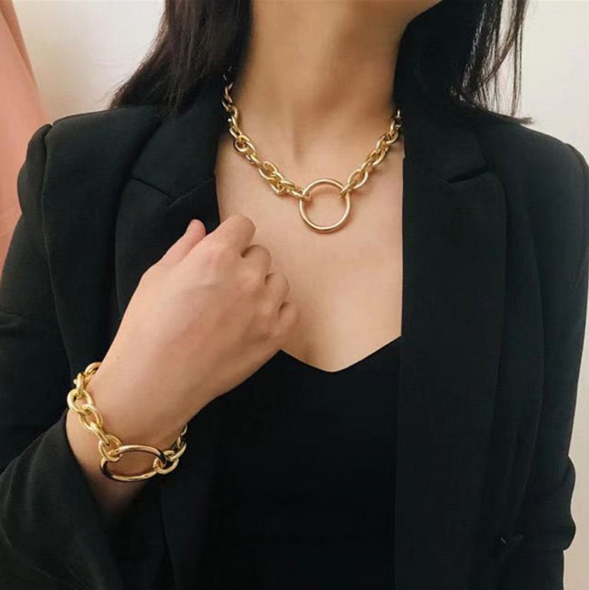 亚马逊跨境饰品 复古夸张个性粗链颈链 简约几何圆环大圈女式项链|ms