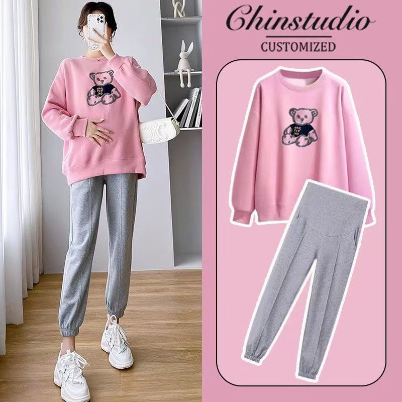 Pregnant Women's suit Fashion Autumn Internet Popular Korean-style Bear Pregnant Mother Loose Sweatshirt Spring and Autumn Sports Pants Two-piece Set