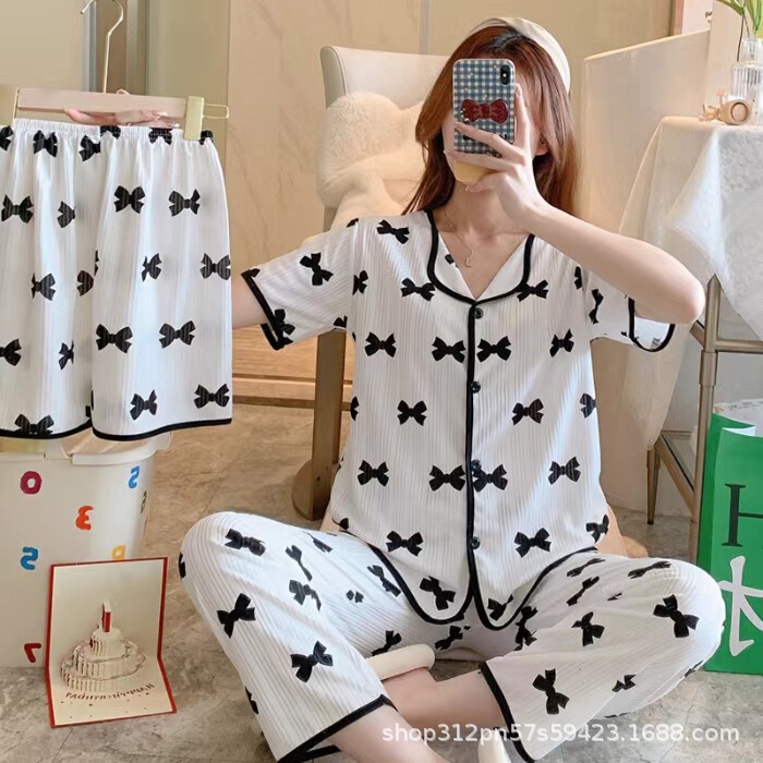 国境を越えた貿易夏の女性用リボンパジャマ3点セット、マイクロビジネスインインターネット有名人の生放送ホーム服卸売|undefined