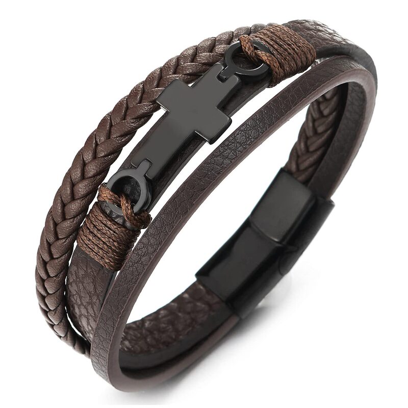 Amazon Cross-Border Layered Cross-Strand Leather Father's Day Cross Bracelet New Trendy Jewelry for Men