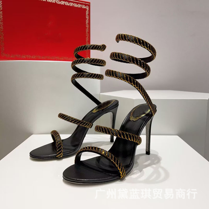 Rc High Heels 2023 Summer Silk Hot Diamond Snake-Shaped Winding European and American Fairy Style High-Heeled Stiletto Sandals Gift Shoes
