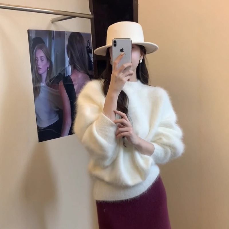 奶fufu软糯仿水貂绒圆领毛衣女秋冬慵懒风内搭针织衫宽松上衣女潮|undefined