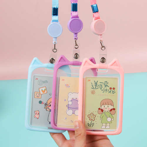 Cute silicone card holder for students, cartoon bus meal card protective cover, high-looking lanyard, transparent campus card wholesale