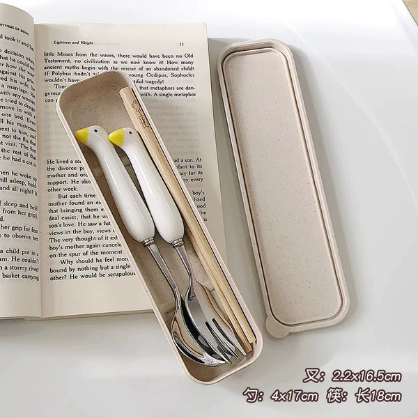 Ceramic yellow goose spoon, fork and chopsticks three-piece set (beige box)