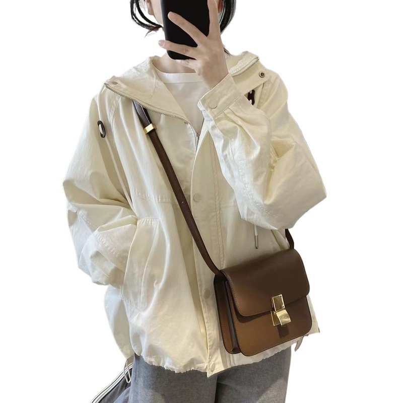 连帽工装外套女式春秋新款宽松复古显瘦连帽简约款插肩袖上衣外套|undefined