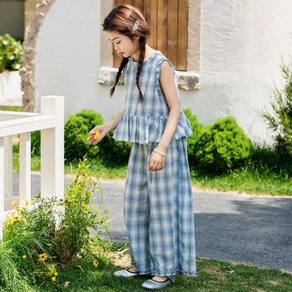 女童套装夏季2026新款洋气休闲儿童夏装女孩格子吊带阔腿裤两件套