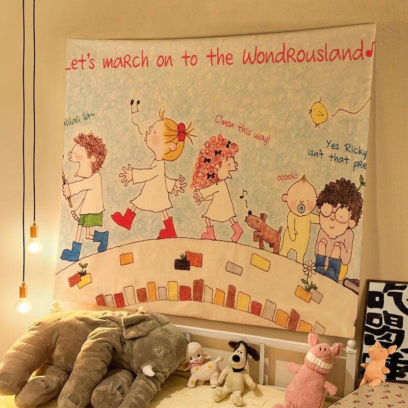 オイルパステルイラスト COCOソース かわいいおやすみ吊り布 子供部屋 寝室 壁飾り 雰囲気背景布 壁布|undefined