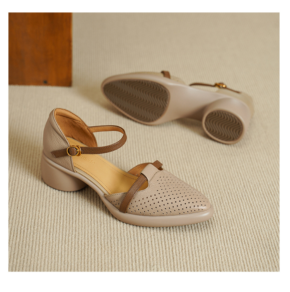 Sandal nữ quai ngang da dê mũi tròn gót vuông cao 9 cm — màu trắng ngà chi tiết 13