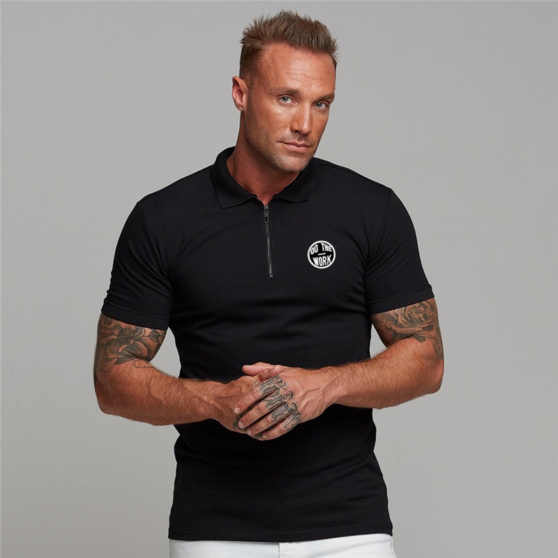 Foreign Trade Light Board Fitness polo Shirt Men's Summer Printed Zipper Lapel Fashion Trend polo T-Shirt Cotton