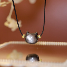 原创天然银曜石猫头猫咪项链锁骨链批发