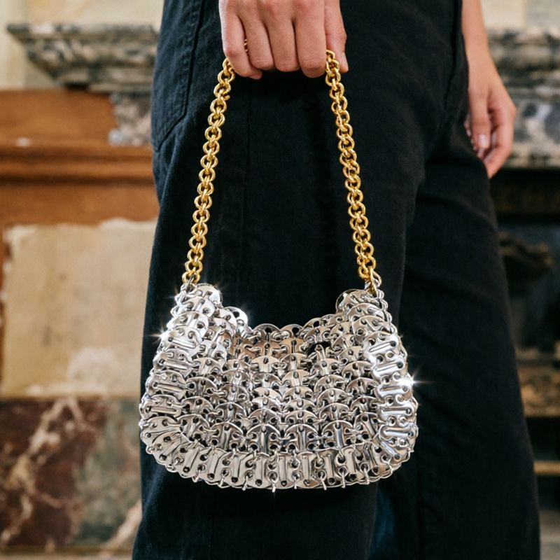 European and American cross-border exaggerated metal chain bag, gold and silver spliced woven underarm bag, heavy-duty punk style evening handbag